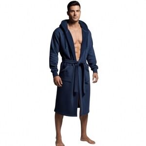 DudeRobe Mens Hooded Bathrobe Navy Blue Cotton Jersey L/XL Luxury Loungewear